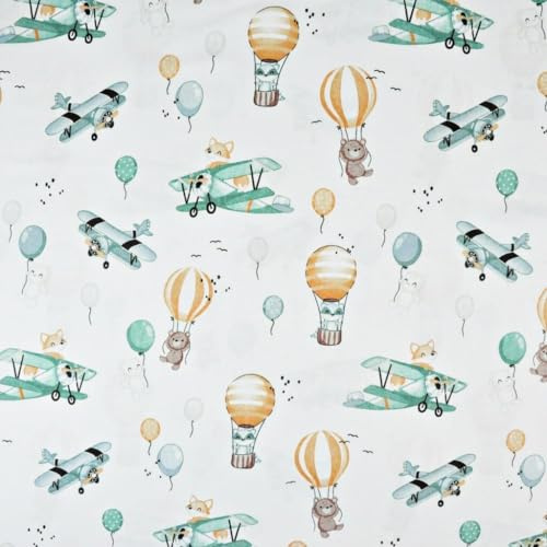 Textrend Baumwollstoff Stoffe Meterware - Stoff zum Nähen - 100% Baumwolle - Textilien 1x1.6m - Stoff mit Kindermuster (Kuscheltiere in Flugzeugen und Luftballons auf weißem Hintergrund)