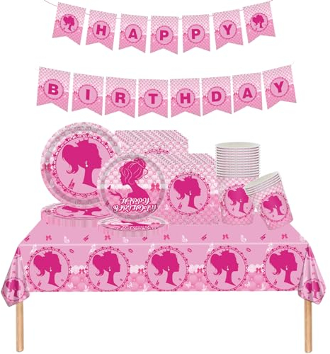 Vaisselle de Fête Anniversaire Princesse,70 Pièces Rose Vif Anniversaire Vaisselle Papier Assiettes Papier Tasses Serviettesr Nappe pour et Bannière,pour Fille Décoration Anniversaire Baby Shower