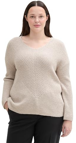 TOM TAILOR Damen Plussize RIPP Strickpullover mit V-Ausschnitt, 25955 - Dusty Beige Melange, 46