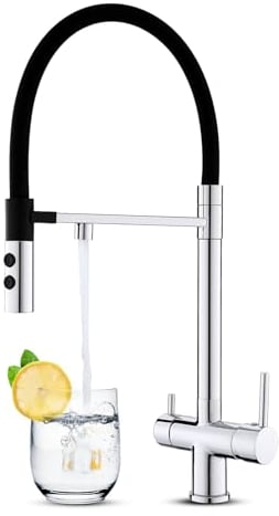 KEOKBON 3 Wege Wasserhahn, 360° Drehbar Küchenarmatur mit 2 Funktion Brause, 3 in 1 Mischbatterie Trinkwasserhahn mit 2 Hebel für Wasserfilter, Drei Wege Armatur Küche aus Messing & Edelstahl, Chrom