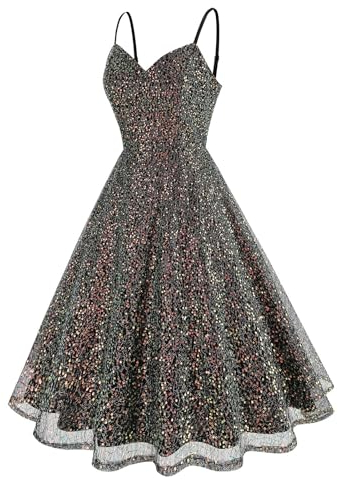 Abendkleid Flieder Damen Damen Sexy Trägerkleid Glitzer Pailletten Spaghettiträger Swing Kurz Partykleid Festlich Party Cocktailkleid Abschlussballkleid Kurz (Black, XXL)