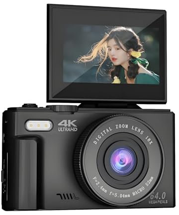 Cámara digital 4K para fotografía, cámara de vlogging de 64 MP para pantalla abatible de 3 x 180°, zoom digital de 18X, cámara retro compacta con batería (negro)
