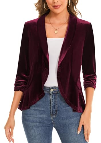 Velvet Blazers for Womens Shawl Lapel Jacket 3/4 Sleeve Open Front Cardigan | Ladies Casual Velvet Blazer Shawl Lapel Fashion Jacket Cardigan 3/4 Ruched Sleeve Jacket Ruffle Hem Coat Open Front Outerwear