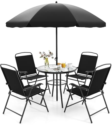 TANGZON 6 Pieces Garden Furniture Sets, Round Tempered Glass Table and 4 Folding Fabric Chairs with Parasol, Garden Dining Table and 4 Chairs Set for Balcony Deck Terrace (75kg Table, 160kg Chair)