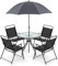 TANGZON 6 Pieces Garden Furniture Sets, Patio Bistro Set with 4 Folding Texteline Dining Chairs, Round Tempered Glass Table & Umbrella, Garden Dining Table and 4 Chairs Set for Balcony Deck