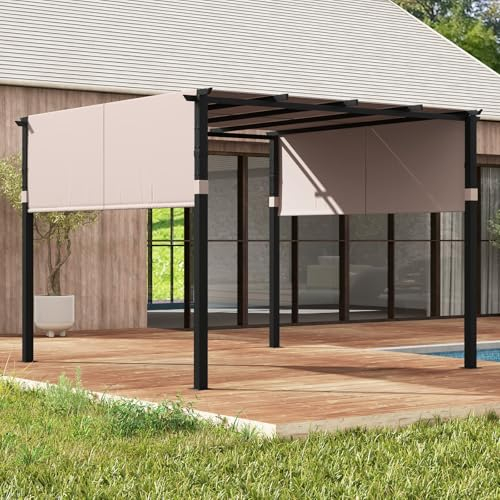 GYMAX Pergola a Tetto Piatto, Pergola da Esterno 305 x 305 cm con Tettuccio Retrattile e Struttura in Metallo Robusta, Gazebo per Barbecue da Giardino, Piscina, Veranda, Cortile (Beige)