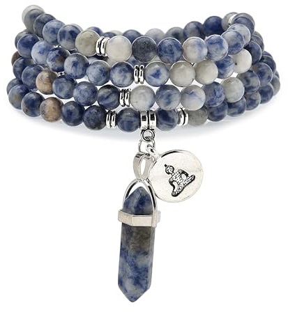 Natürliches Armband mit 108 Mala-Perlen, Achtsamkeits-Halskette mit Yoga-Buddha-Zen-Anhänger und sechseckigem Prisma-Anhänger aus Reiki-Quarz (Sodalith (Sodalite))
