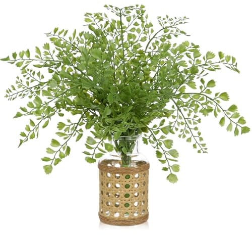 Oairse Faux Greenery Stems in Vase Aritificial Fern Plant in Glass Vase with Faux Water & Woven Cover Small Fake Desk Plants Greenery Centerpieces for Farmhouse Kitchen Dinner Tables Shelves Decor