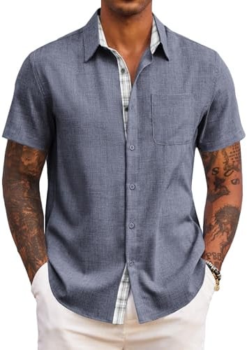 COOFANDY Camisa Hombre Manga Corta Regular Fit Verano Casual Ligera para Playa Vacaciones con Bolsillo