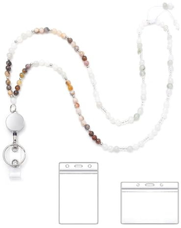 TOEECY Porte Badge Transparent Enrouleur Rétractables Porte Clés Porte Carte Tour de Cordon Lanyard Collier Perles Pierre Naturelle pour Clés Cartes Travail D'identité (Café)
