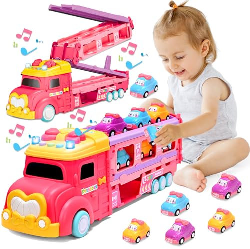 Jouet de voiture à partir de 2 ans, jouet de camion avec lumière et musique, camion de transport, voiture de transport pour enfants avec 6 voitures de course, cadeaux d'anniversaire pour filles de 2,
