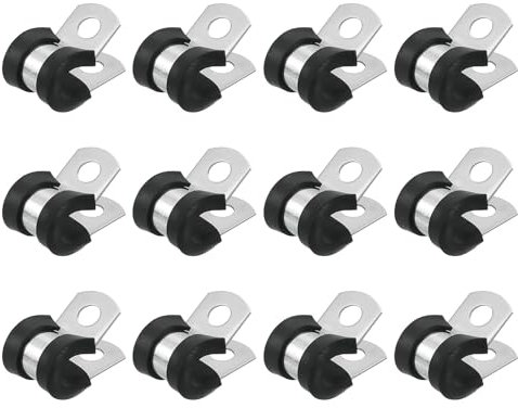sourcing map 5/16(8mm) Cable Clamp, 304 Stainless Steel Rubber Cushioned Insulated Clamp R Shape Metal Clamp Tube Holder for Pipe Hose Wire Cord Installation 12Pcs