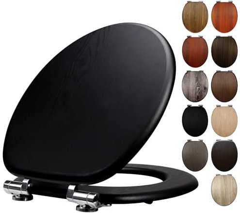 Fanmitrk Wooden Toilet Seat, Soft Close Black Toilet Seat Wood with Adjustable Solid Hinges (E1889)
