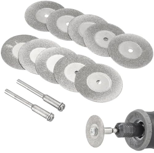 XENQITO 10 Disques Diamant, 30mm Mini Disques à Tronçonner Perforés avec 2 Mandrins Disques à Tronçonner Découpe Outils Rotatifs pour Outils Rotatifs Dremel pour Couper Métal Pierre Verre Céramique