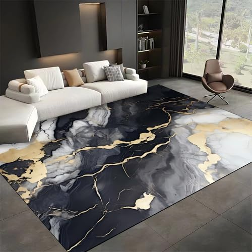 SMXVRC Modern Abstrakt Textur Wohnzimmerteppich, 160x230cm, Schwarz Grau Gold Marmor Muster KüChenteppich, Knitterfrei Waschbar rutschfest Weich Heimdekor-Teppich für Eingang Schlafzimmer