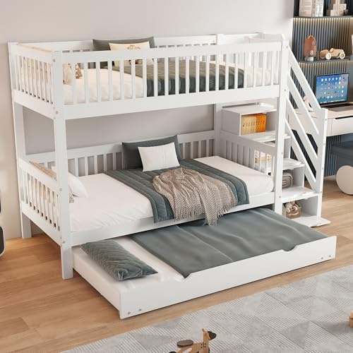 Goldicoo Litera de madera para niños de 90 x 200 cm con cama nido - Cama alta con escalera y cajones