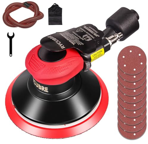 Rycubre Air Sander with vacuum – 6 Inch DA Palm Sander for auto body, High-Speed Random Orbital Pneumatic Sander for Woodworking & Auto Polishing (including 12 sandpaper + accessories)
