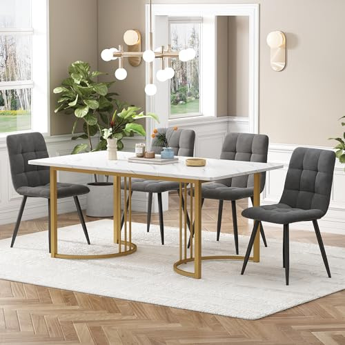 IHO SOFA 140x80cm Esstisch mit 4 Stühlen Set, Essgruppe mit Rechteckiger Küchentisch und Esszimmerstühle, Esstisch mit Stühle, Goldene Tischbeine und Grau Samt Küchenstühle