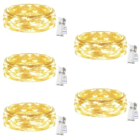 SUCANY Guirnalda Luces Pilas con Temporizador(Blanco Cálido), 2M 20 LED Guirnalda Luces Interior,IP65 Alambre Cobre Impermeable Luces de Cadena,para Navidad,Jardín,Interior y Exterior (5 Piezas)