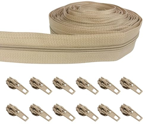 Kit di Cerniera Lampo Spirale 5m, Cerniera Continua Resistente 5 m con 12 Cursori, Cerniere in Nylon, per Cucito, Tappezzeria, Cuscini, Fai da te e Cerniere di Ricambio, Beige