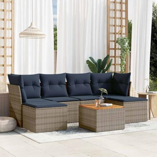 Ordellia 7-teiliges Gartensofa-Set, Grau Polyrattan, Modulares Outdoor Lounge Set mit Akazienholz Tisch, UV-beständig, Stauraum für Terrasse und Balkon
