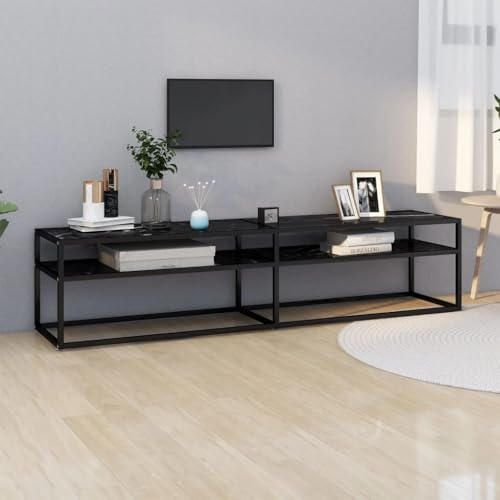 YNGBHFNOP Meuble TV Design Moderne 180 cm en Verre Trempé Noir Marbré, Étagère de Rangement, Support Téléviseur LCD LED jusqu'à 75 kg, pour Salon Salle de Séjour