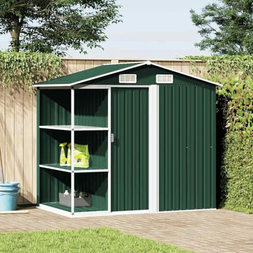 Gartenhaus mit Regal Grün 205x130x183 cm Eisen Gartenlaube Aufbewahrungsschuppen mit Gestell für Werkzeuge und Geräte