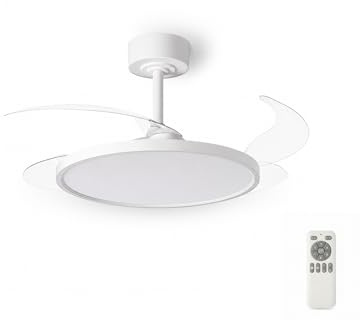 Masterled - Ventilador de Techo LED Blanco con Aspas Retráctiles 36W Ultrafino, Motor DC Silencioso 26dB, 3CCT: 3000-4000-6000K, 6 Velocidades, Función verano e invierno, Mando a distancia