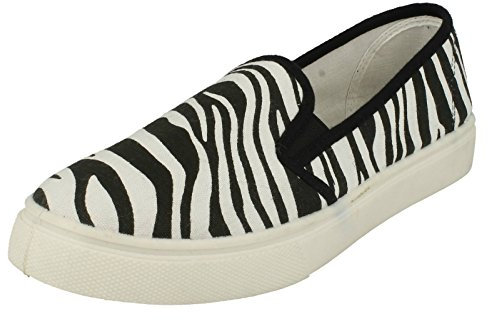 Ladies Spot On Casual Slip On Pumps - White Zebra Canvas - UK Size 6 - EU Size 39 - US Size 8
