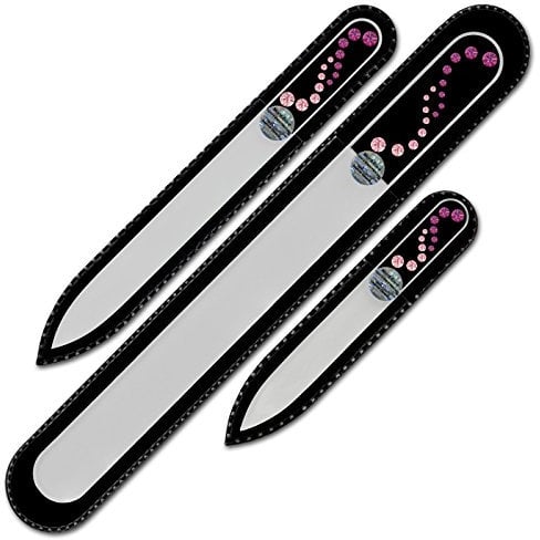 Mont Bleu Set of 3 Crystal Nail Files Hand Decorated with Swarovski Elements - in Black Velvet Sleeve - Genuine Czech Tempered Glass - Handmade Glass Nail Files