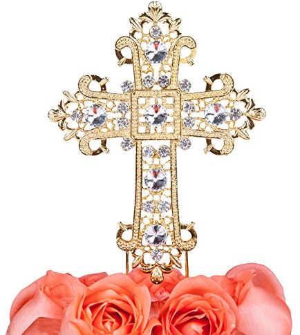 LOVENJOY Kreuz Tortenaufsatz Gold Tortendeko Taufe Kuchen Topper, Geschenkbox, Kristall Strass