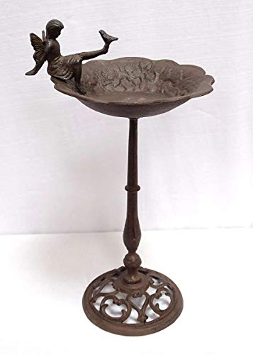 linoows Große Vogeltränke mit Elfe, Nostalgie Vogelbad aus Gusseisen in Antik Rostbraun