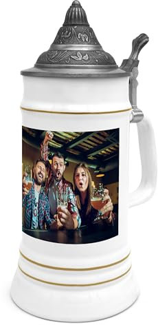 printplanet® Bierkrug mit Foto – personalisierter Steinkrug mit Zinndeckel 0,75 L – Krug selbst gestalten – Humpen mit eigenem Motiv – Geschenkidee für Bierliebhaber