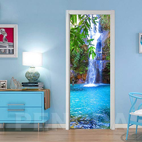 WWEIZNN Stickers Porte Poster - Chute D'Eau Arbre Nature Paysage Papier Peint Porte Trompe L'Oeil Pour Salon Chambre Décoration De La Maison Stickers Muraux Auto-Adhésif Stickers Amovibles 77X200Cm