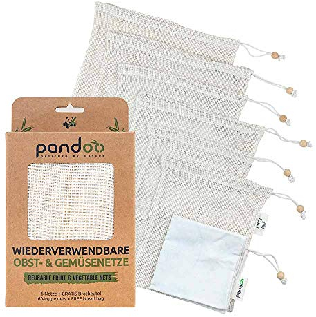 pandoo 7er Set Obst- und Gemüsenetze aus Bio-Baumwolle | 6 Einkaufs-Netze inkl. Brotbeutel | Plastikfrei und Unverpackt Einkaufen | Wiederverwendbare Einkaufstasche Netz, Obst Aufbewahrung