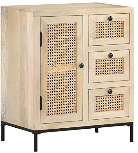 vidaXL Mangoholz Massiv Sideboard mit Tür Schubladen Kommode Beistellschrank Anrichte Mehrzweckschrank Schrank 60x35x70cm Rohrgeflecht