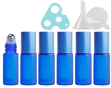 ZEOABSY Rechargeable 6 Pièce Mat Bleu Flacon Roll-on Vide 5ml avec Bille en Acier Inoxydable, Bouchon à vis en Aluminium, pour Huile Essentielle, Aromathérapie, Parfum, Massage, Laboratoire