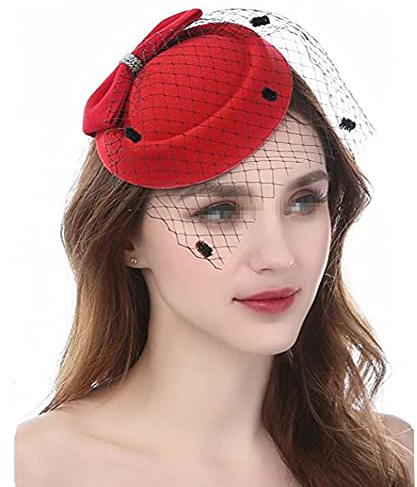 QUUPY Damen-Fascinator, Vintage-Stil, Schleife, Schleier, Hut, seitlicher Clip, Fascinator, Hut, Party, Kopfschmuck, Schwarz, rot, Einheitsgröße
