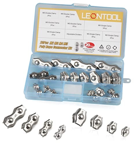 LEONTOOL 20 Pcs Poly Rope Connector Clamp 304 Stainless Steel Duplex Wire Rope Clip Cable Clamp 1-Post Wire Rope Clip for Electric Wire Fences Connection