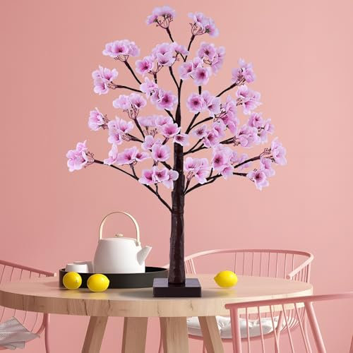 Bonsaï artificiel lumineux de 61 cm – 28 lumières LED avec 84 fleurs luxuriantes, minuterie à piles/USB, arbre de table rose lumineux pour printemps, mariage, décoration intérieure et extérieure