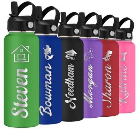 Personalizzata Borraccia con Coperchio di Paglia per la Scuola,Borraccia Sportiva in Acciaio Inossidabile Isolata con Incisione Personalizzata con Nome per Ragazze Ragazzi Donne Uomini