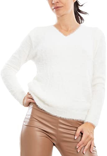 Toocool Damen-Pullover mit V-Ausschnitt, Pelz, Kunstfell, Pullover VI-9516, Bianco, L-XL