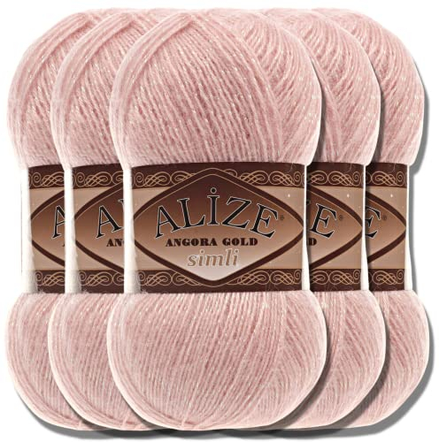 Hobby YARN Alize 5x 100 g Angora Gold Simli Türkische Premium Wolle Mohair aus Schurwolle mit Glitzereffekt Babywolle als Strickgarn Handstrickgarn Angorawolle Uni Yarn (Powder | 161)
