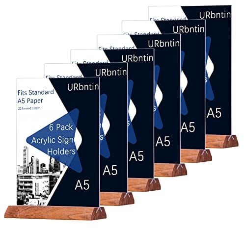 URbantin A5 Ständer Aufsteller Tischaufsteller,6 Stück Menühalter in T-Form mit Holzbasis,A5 T-Ständer Werbeaufsteller T-Aufsteller für Bardokumente,Hotel,Restaurant