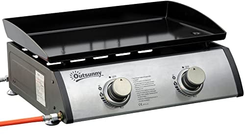 Outsunny Piastra Barbecue a Gas con 2 Bruciatori, BBQ Antiaderente da Tavolo con Piedini Regolabili, Potenza 6kW, 48.5x46x21cm, Nero