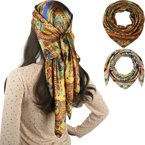 corciova 2 Pcs 35 x 35 Square Curly Hair Scarf for Black Women Silk Headband Tie Sleeping at Night Fashion Bandanas Headscarf, Totems (Golden + Bronze), Large