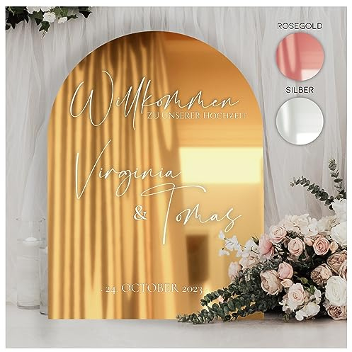 Manschin-Laserdesign Willkommensschild Acrylglas Spiegel personalisiert in veschiedenen Farben - Made in Germany - Welcome Willkommen Schild für Hochzeit (90x60cm, Gold)