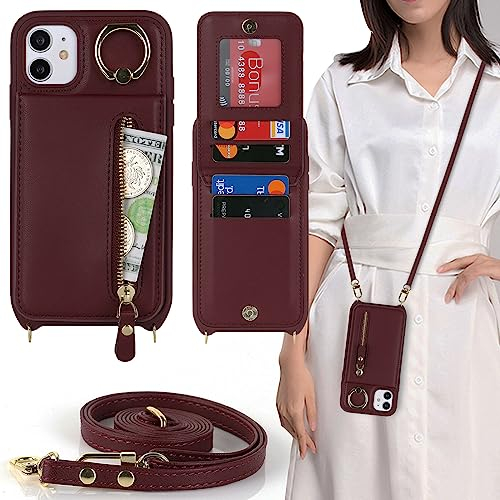 CAVOR Handykette iPhone 11 Hülle Mit Band,Flip Leder Geldborse Handyhülle,[4 Kartenfach][Mit Ring Stander],Klapphülle Handyhülle mit Umhängeband - Burgunder