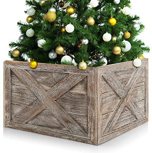 COSTWAY Christmas Tree Box Stand, Wooden Tree Collar Boxes with Hook & Loop Fasteners, Vintage Farmhouse Xmas Trees Skirt (60 x 57 x 37cm, Grey)