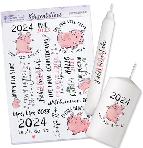 FEENSTAUB Kerzentattoos Silvester, Kerzen Tattoofolie Glücksschwein, Mitbringsel Silvester, Silvester Kerze 2025, Kerzentattoos Glückslicht, Neujahrsgeschenk, Silvester Glücksbringer